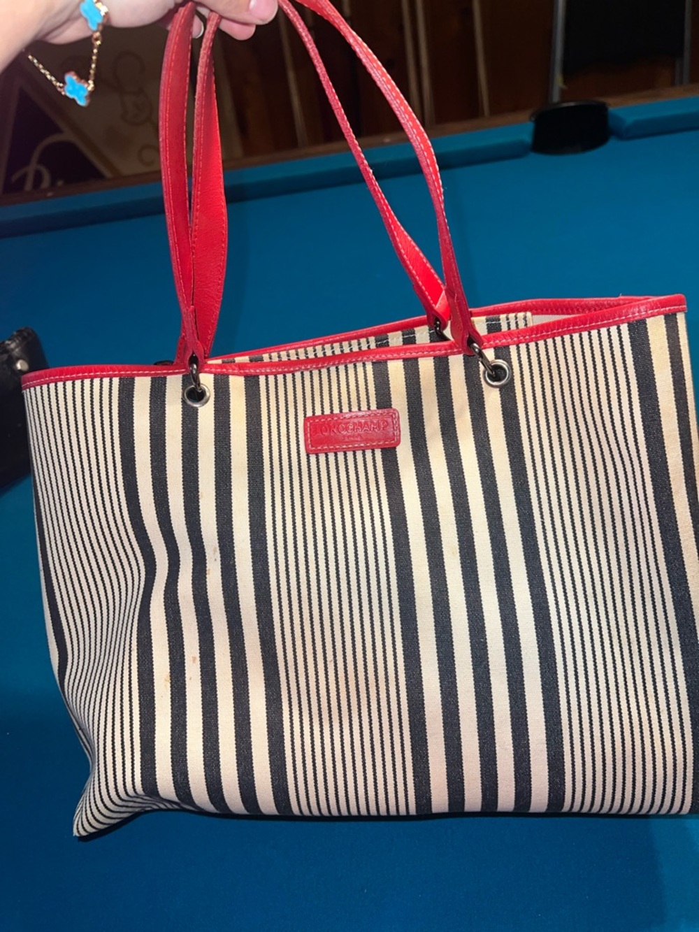 Vintage Longchamp Striped Tote Bag with Red Trim - Women's Shoulder Bag